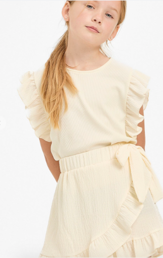 Kids Ruffle Sleeves Ribbed Knit Top in Cream