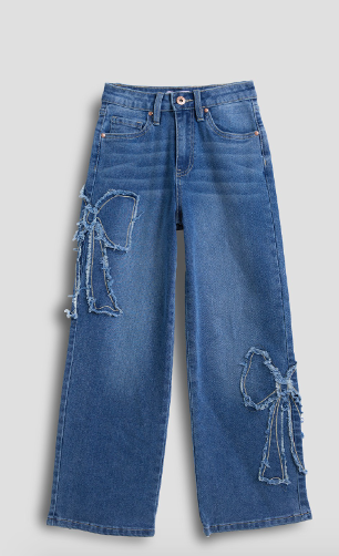 Girls Wide Leg Bow Patchwork Jeans