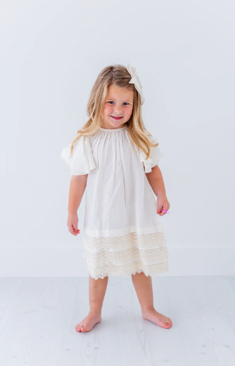 Off-White Sleeve & Neck Gathered Dress
