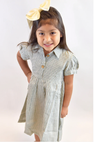 Ecru and Sage Pin Stripe Puff Sleeves Dress