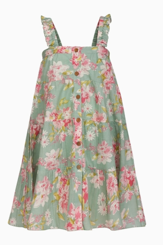 Green Floral Printed Tiered Dress.