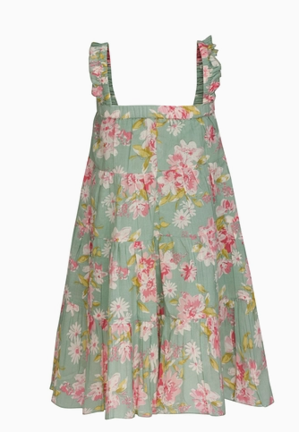 Green Floral Printed Tiered Dress.