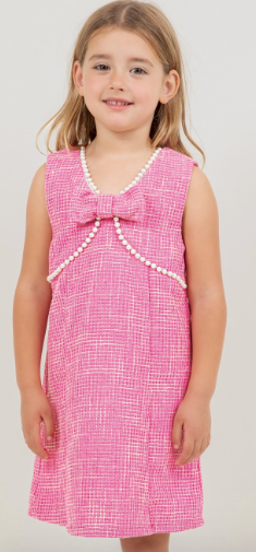 Pearl Detailed Front Bow Tweed Dress in Pink