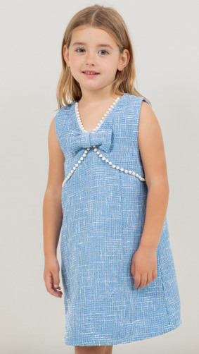 Pearl Detailed Front Bow Tweed Dress in Blue