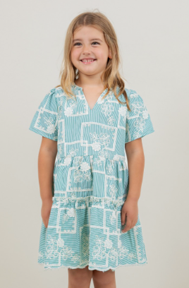 Striped Floral Embroidered Tiered Dress in Green