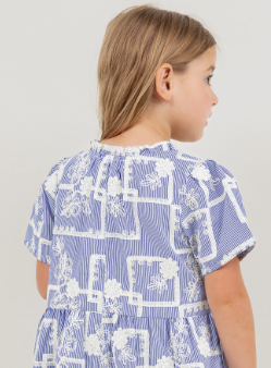 Striped Floral Embroidered Tiered Dress in Blue