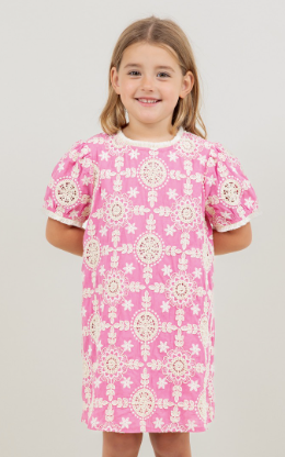 Floral Embroidered Short Sleeve Dress in Pink