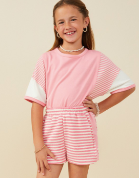 Girls Color Block Side Striped Knit Short in Pink