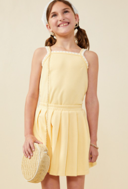 Girls Crochet Knit Detail French Terry Tank Top in Yellow