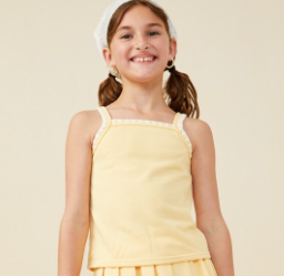 Girls Crochet Knit Detail French Terry Tank Top in Yellow