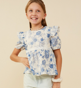 Girls Antique Floral Lace Trimmed Ruffle Top
