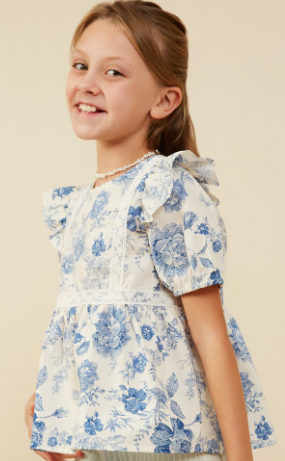 Girls Antique Floral Lace Trimmed Ruffle Top