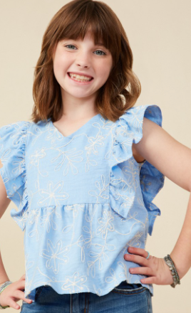 Girls Floral Embroidered Ruffled Peplum Tank