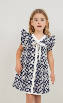 Embroidered Ruffle Sleeve Self Tie Ribbon Dress in Navy
