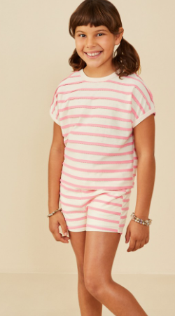 Girls Ruffle Textured Stripe Knit Dolman Top in Pink