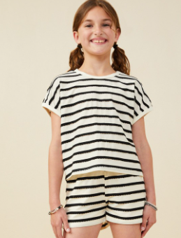 Girls Ruffle Textured Stripe Knit Dolman Top in Black