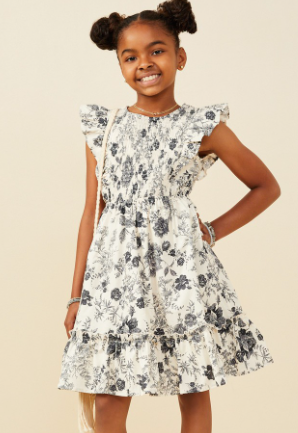 Girls Antique Floral Smock And Ruffle Dress in Black