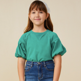Girls Box Pleat Puff Sleeve French Terry Top in Kelly Green