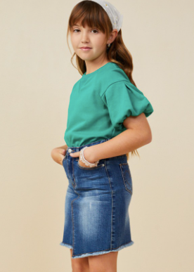Girls Box Pleat Puff Sleeve French Terry Top in Kelly Green