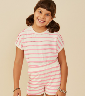 Girls Elastic Waist Ruffle Textured Strip Shorts in Pink