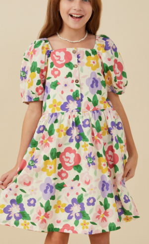 Girls Floral Print Buttoned Square Neck Dress