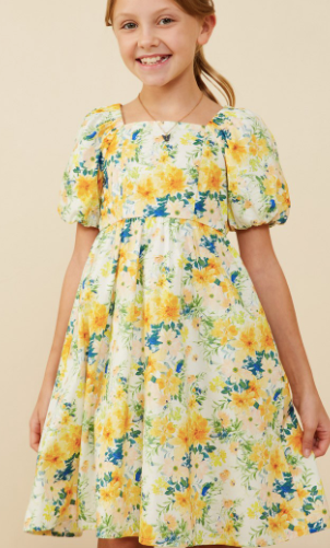Girls Garden Floral Print Puff Sleeve Dress