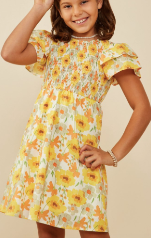 Girls Ruffle Sleeve Smocked Floral Dress