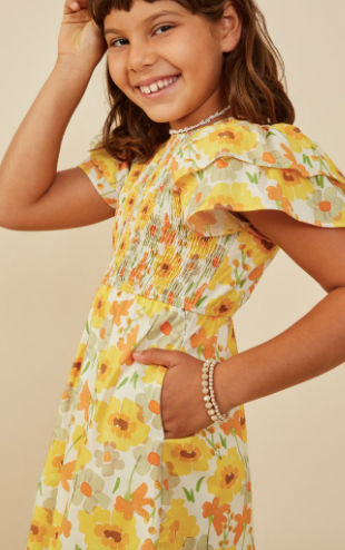 Girls Ruffle Sleeve Smocked Floral Dress