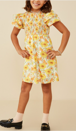 Girls Ruffle Sleeve Smocked Floral Dress