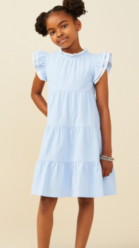 Girls Contrast Piped Ruffle Detail Dress in Blue