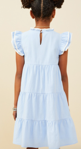 Girls Contrast Piped Ruffle Detail Dress in Blue