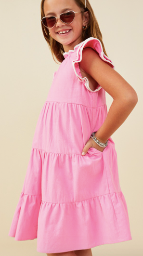 Girls Contrast Piped Ruffle Detail Dress in Bublegum Pink