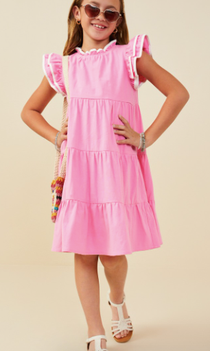 Girls Contrast Piped Ruffle Detail Dress in Bublegum Pink