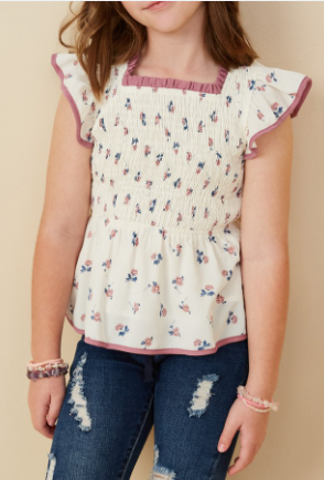 Girls Contrast Piped Smocked Ditsy Floral Top