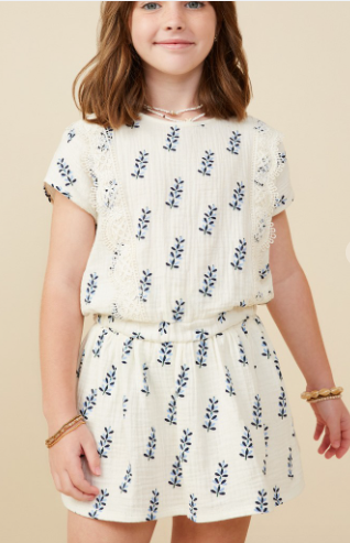 Girls Crochet Lace Trim Floral Gauze Top