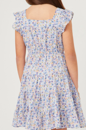 Girls Floral Print Square Neck Ruffle Shoulder Dress