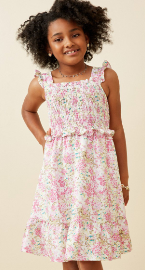 Girls Floral Print Ruffled Smocked Flutter Tank Dress