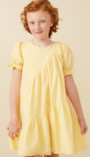 Girls Asymmetric Seam Detail Cinched Cuff Poplin Dress in Yellow