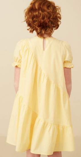 Girls Asymmetric Seam Detail Cinched Cuff Poplin Dress in Yellow