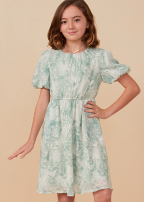 Girls Floral Textured Printed Mesh Puff Sleeve Dress