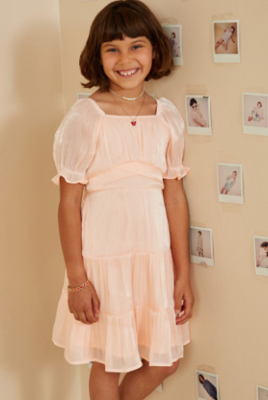 Girls Textured Shimmer Tie Detail Dress in Peach
