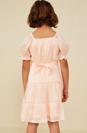 Girls Textured Shimmer Tie Detail Dress in Peach