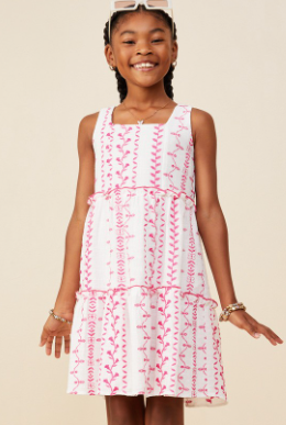 Girls Botanical Embroidered Ruffle Tiered Tank Dress in Pink