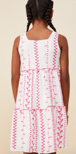 Girls Botanical Embroidered Ruffle Tiered Tank Dress in Pink