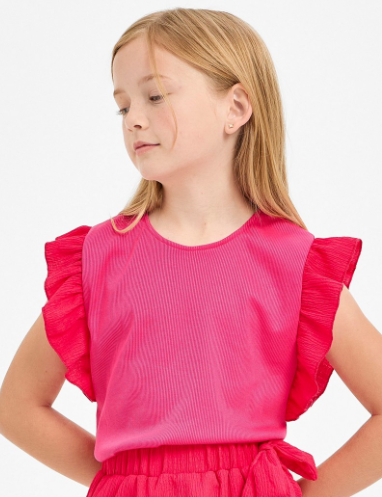 Kids Ruffle Sleeves Ribbed Knit Top in Pink