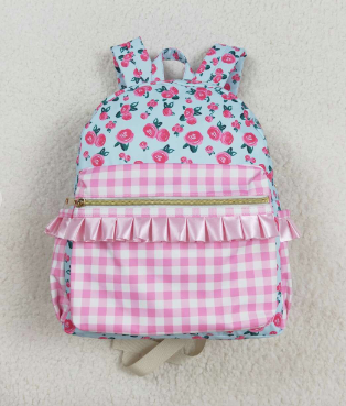 Pink Plaid Ruffle Floral Girls Backpack