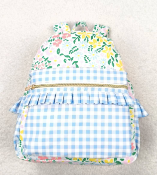 Blue Plaid Ruffle Floral Kids Girls Backpack