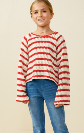 Girls Open Knit Striped Loose Knit Top in Red