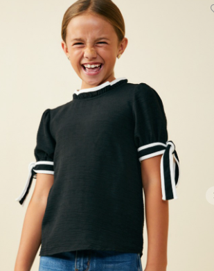 Girls Contrast Piped Tie Sleeve Detail Top in Black