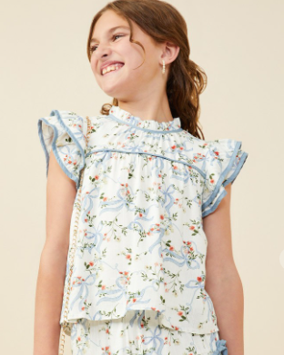 Girls Floral Ribbon Print Contrast Trim Top